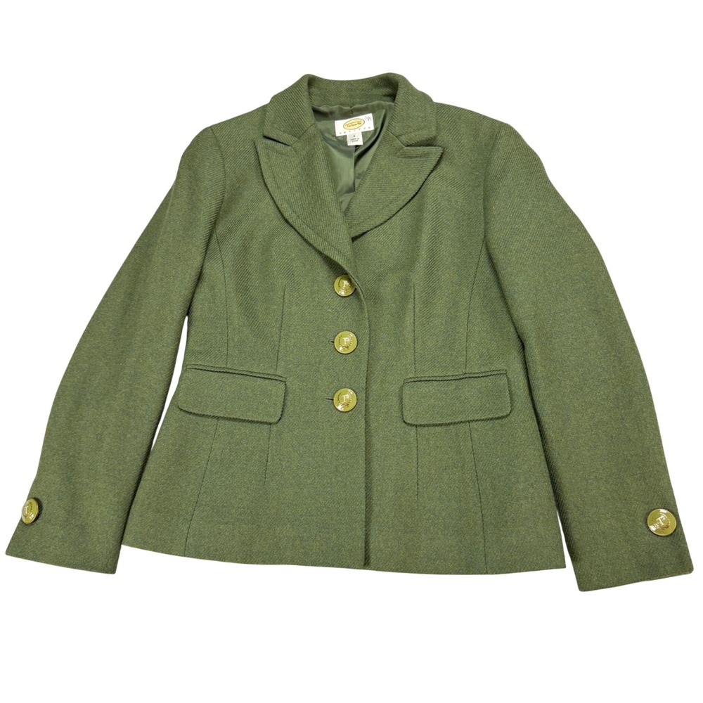Talbots Petites Olive Green 100% Wool Blazer Jacket‎ Crest Buttons Size 6P